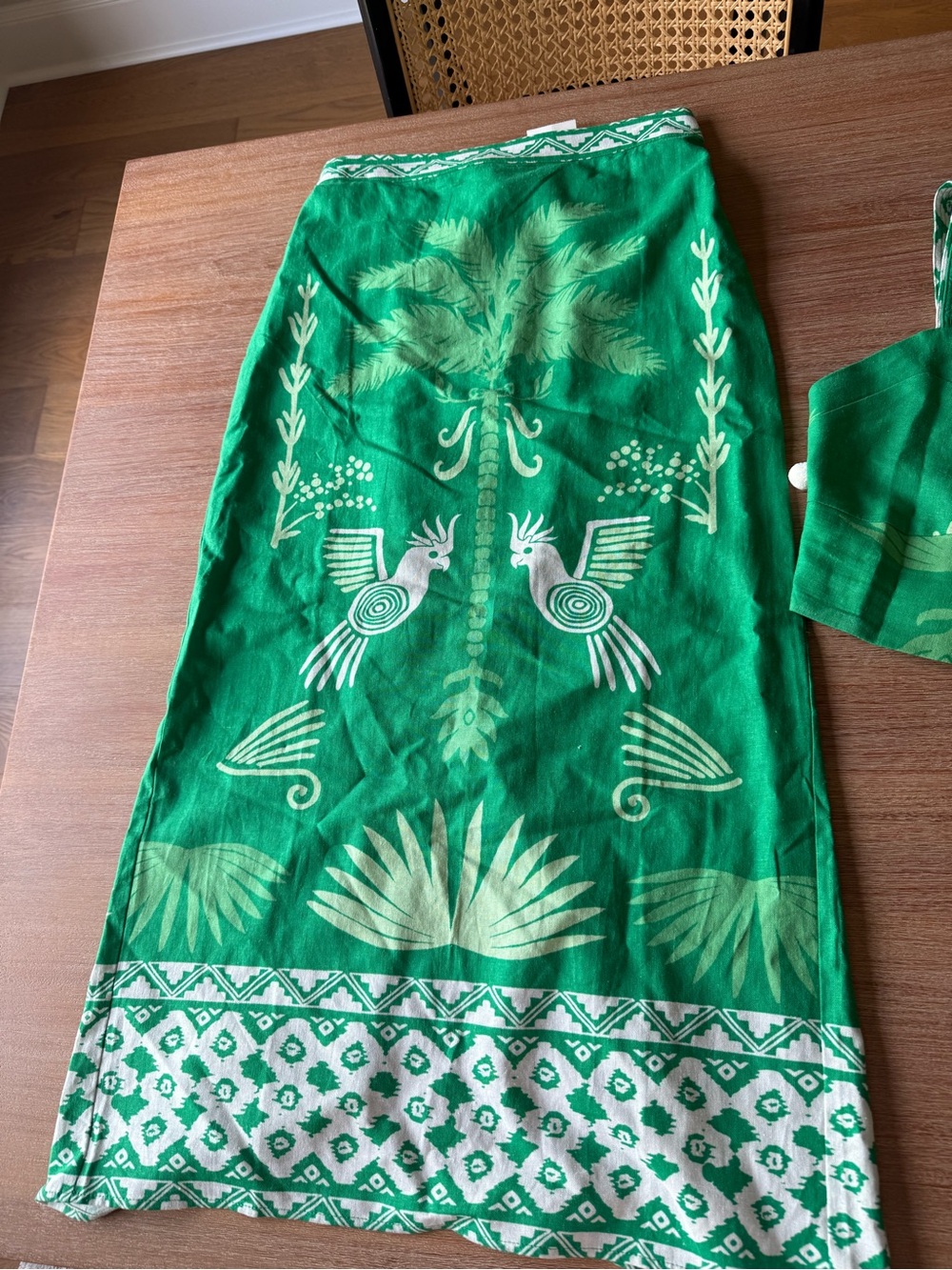 Green Printed Maxi Skirt and Matching Crop Too - Bohemian Palm & Bird Motif